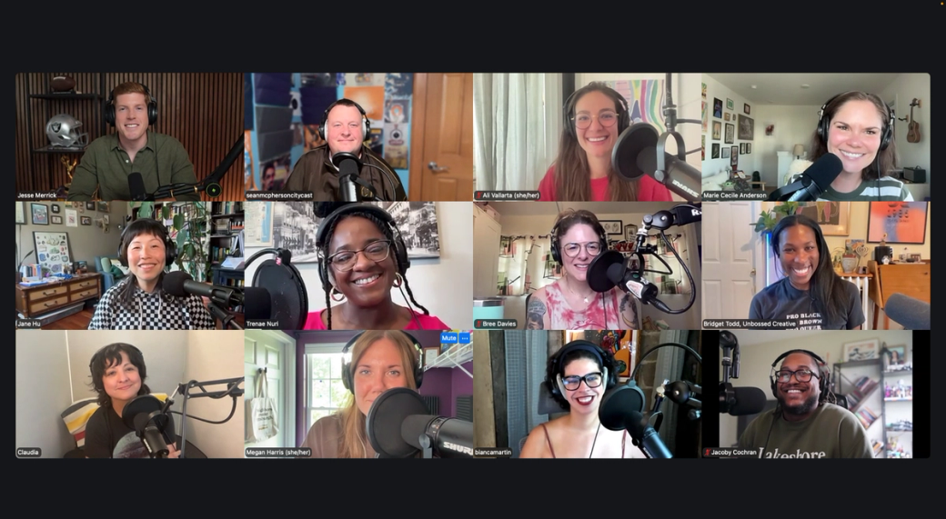 A screenshot of City Cast Hosts meeting up virtually to record a podcast episode. 12 faces are showing on the screen.