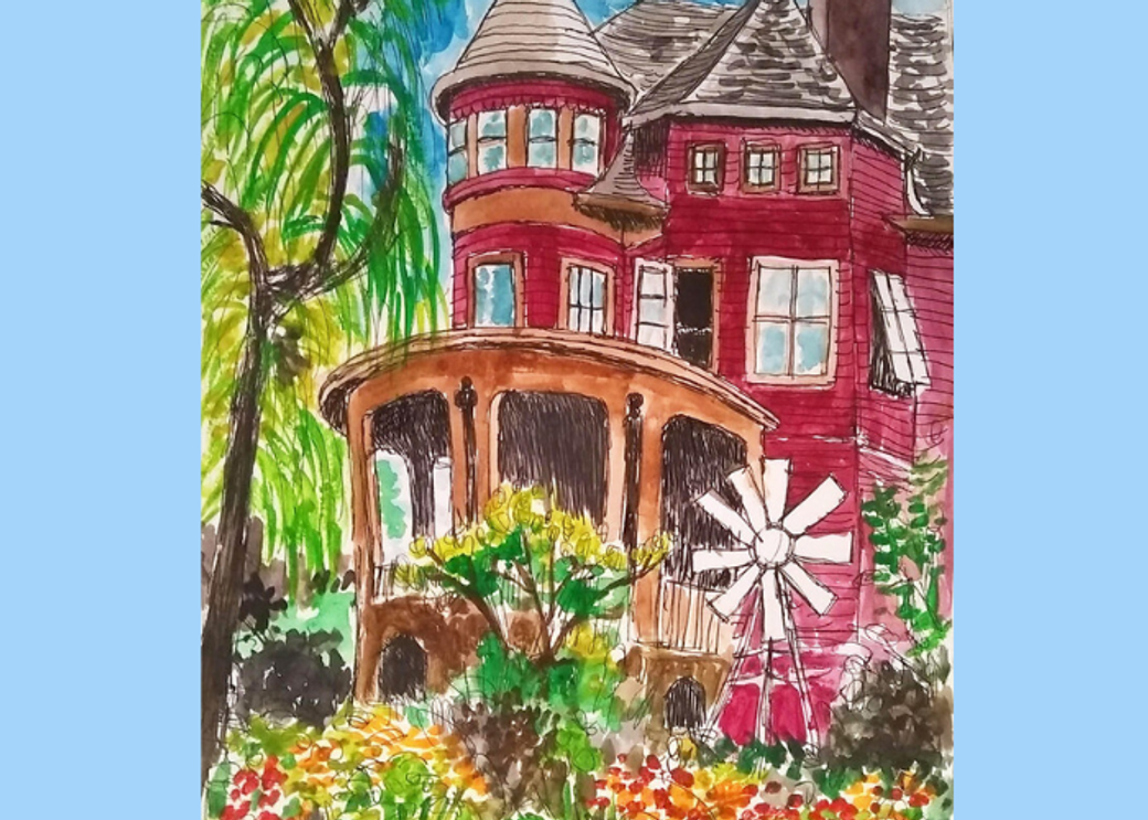 A painting of a red house.