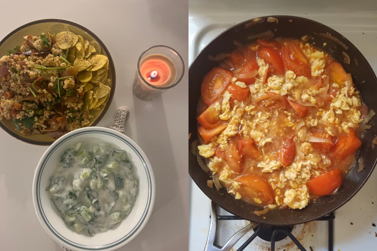 Tomato pulao with cucumber raita is common in South India. Tomato egg is a savory Chinese dish