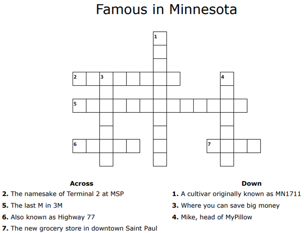 Crossword puzzle titled, "Famous in Minnesota"