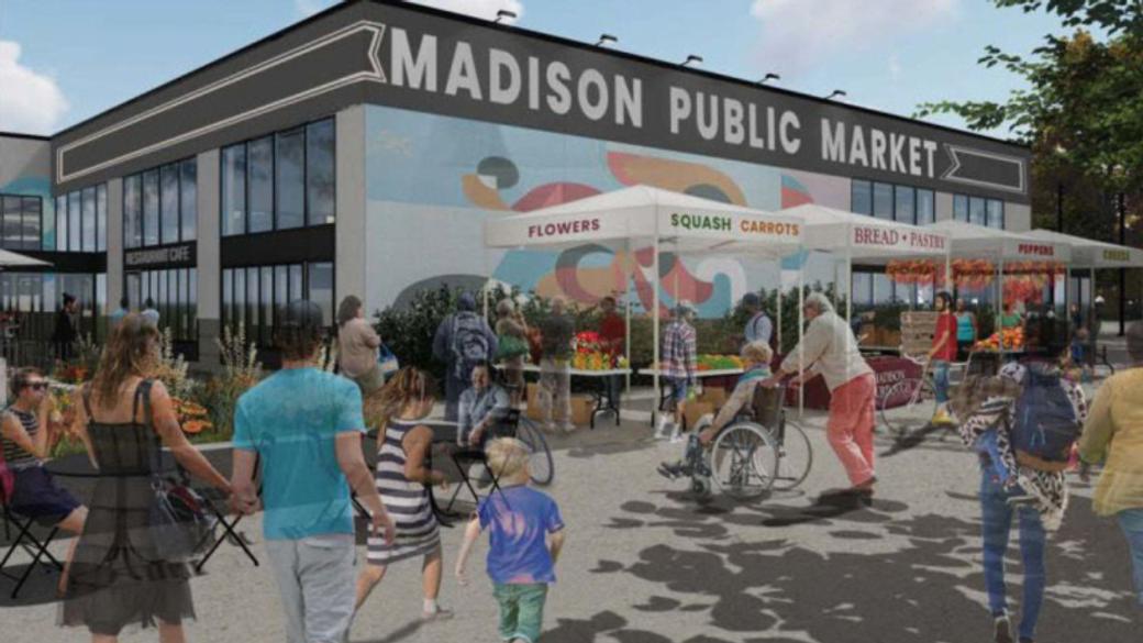 People surrounding the new Madison Public Market building