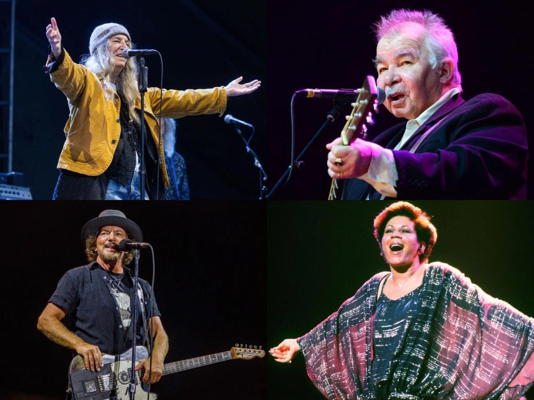 A composite picture with a woman singing on the bottom right corner and three men singing and playing guitar in the bottom left, top left, and top right corner
