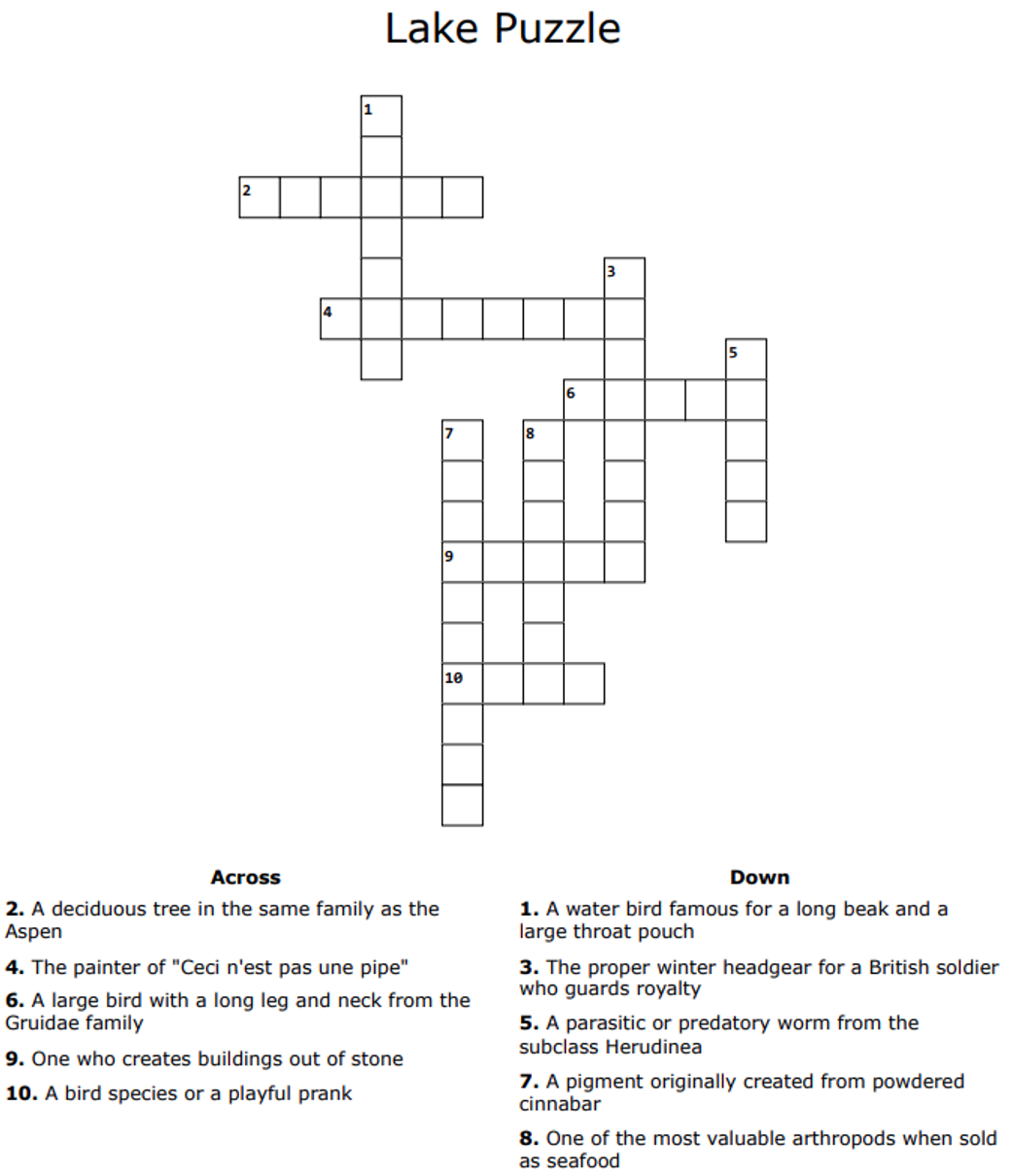 Blank cross-word puzzle titled, "Lake Puzzle"