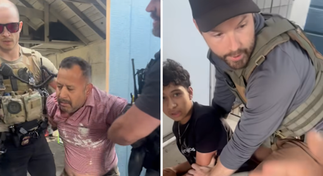 Photos of Raul Moreno Meza and his teenage son as they are arrested by ICE agents