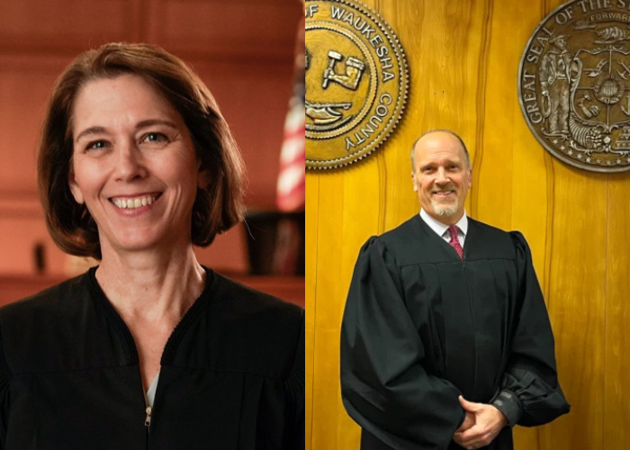Two photos of people in black robes, a woman on the left and a man on the right.