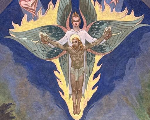 Painting of Jesus held by an angel in flames