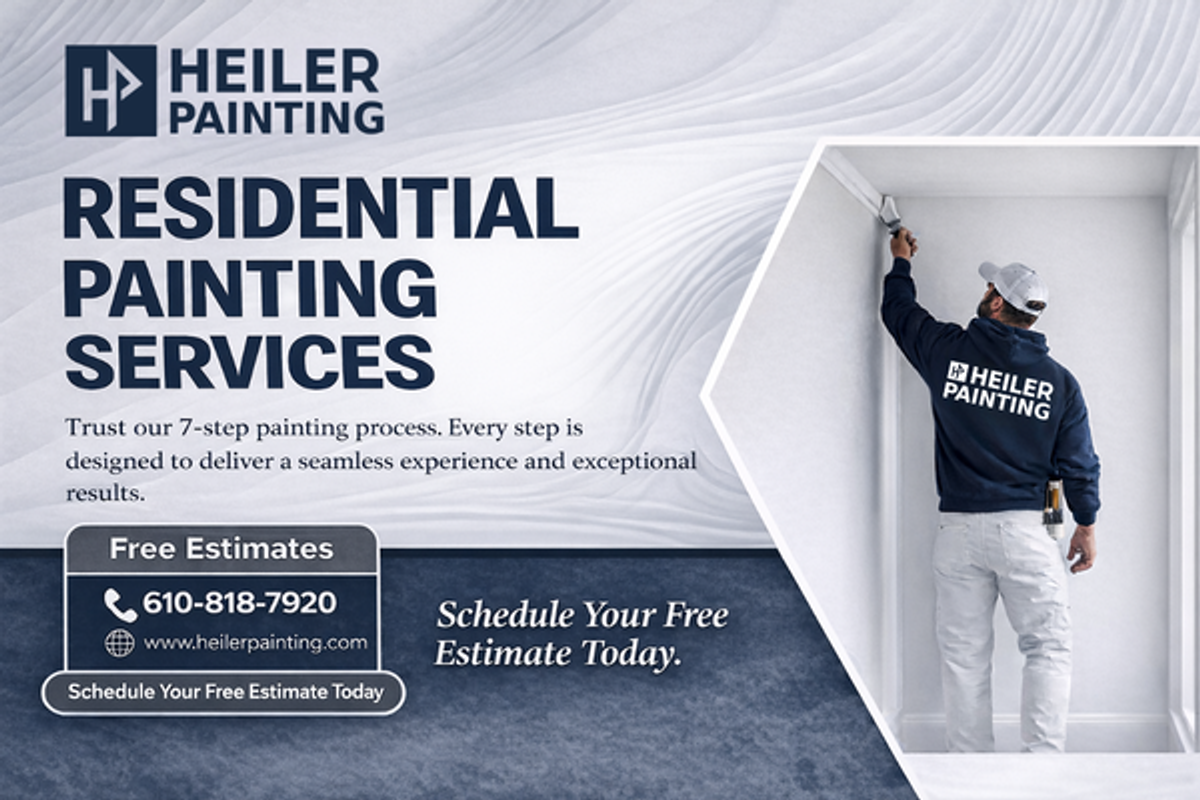 Display Ad: Heiler Painting residential painting services. A painter in uniform works on a wall. Includes contact info for free estimates.