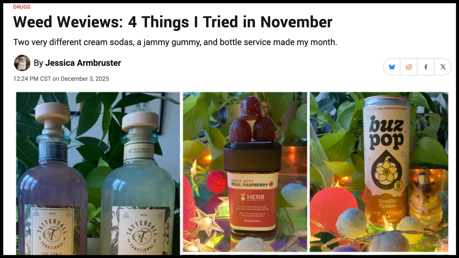 A screenshot of an article titled Weed Weviews: 4 Things I Tried in November. There are two bottles of weed drinks, weed gummies and weed soda