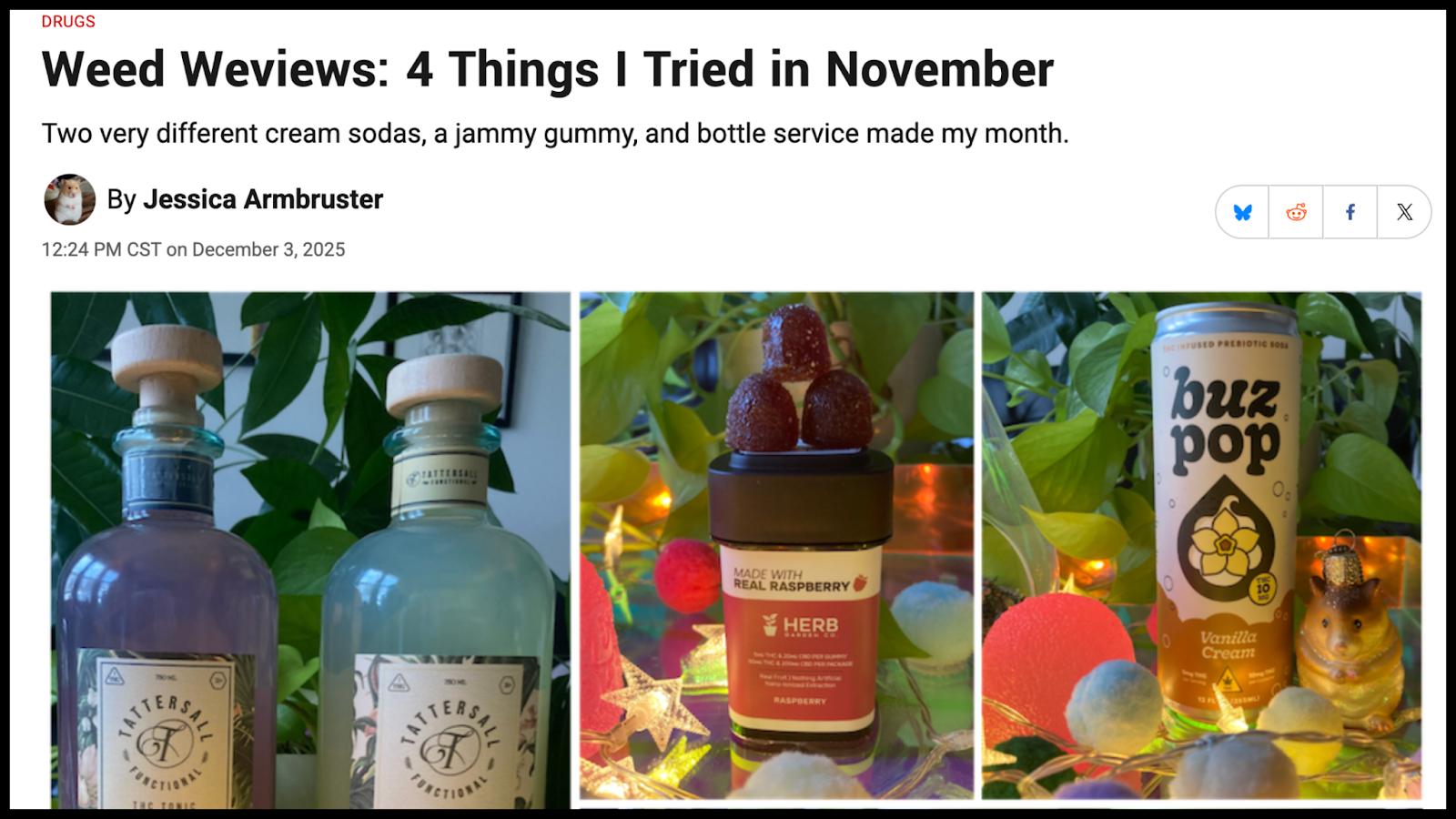 A screenshot of an article titled Weed Weviews: 4 Things I Tried in November. There are two bottles of weed drinks, weed gummies and weed soda
