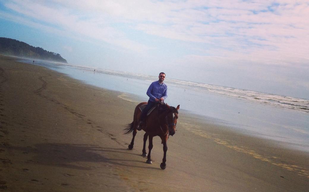 A man in a blue shirt on a chestnut horse riding along the beach. 
