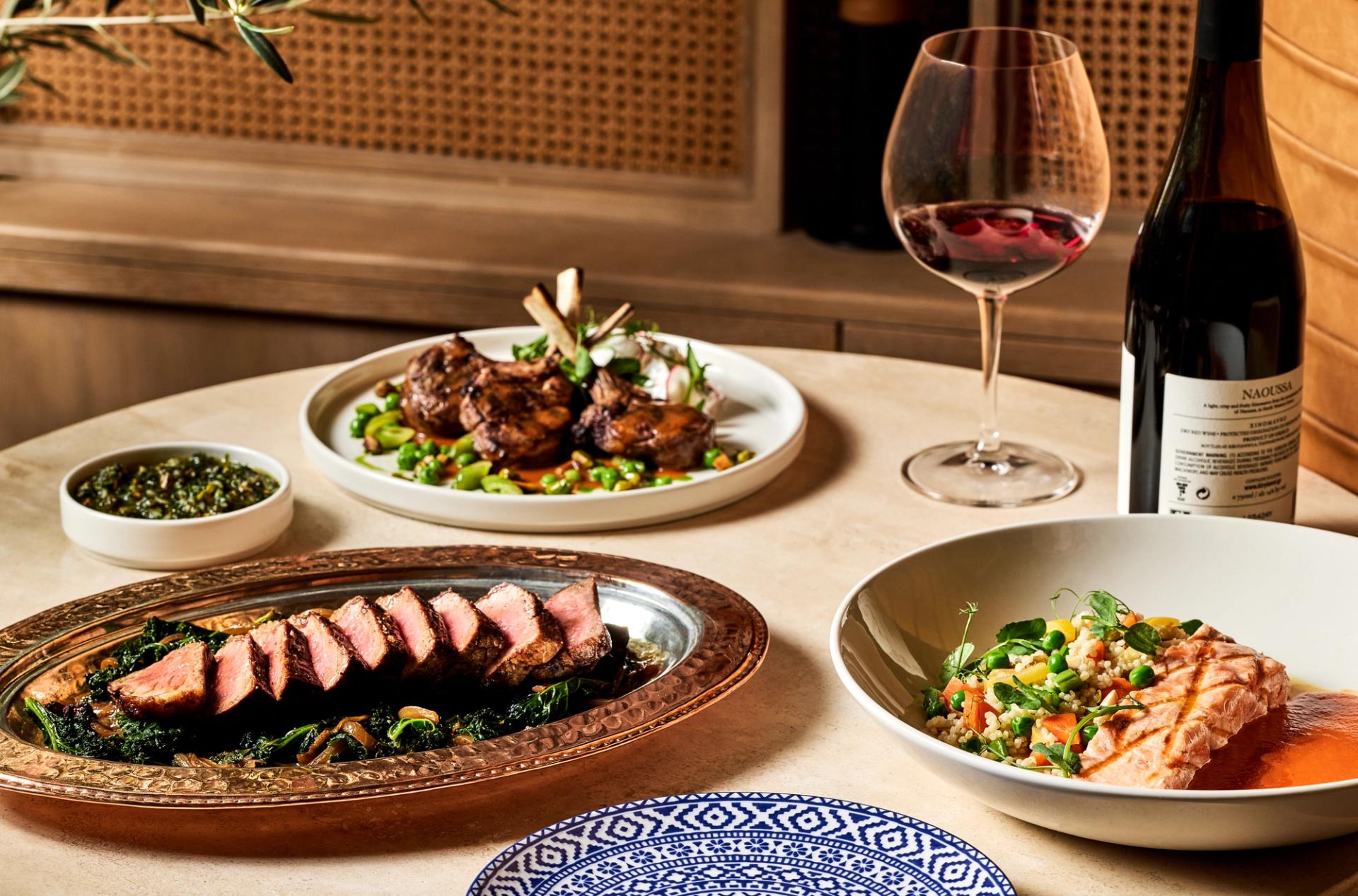 A table of plated food.
