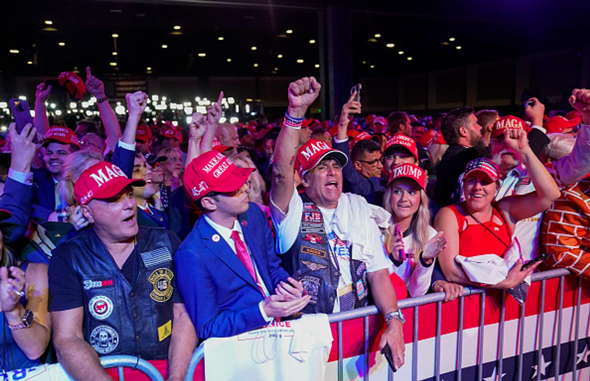 Supporters of Donald Trump cheer as results are announced during an election night watch party in West Palm Beach, FL, on Nov 5. (The Washington Post/Getty Images)