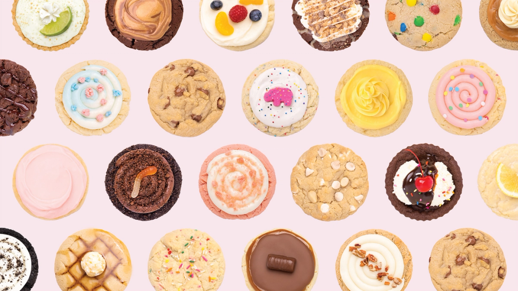 An overhead shot of over-the-top Crumbl cookies