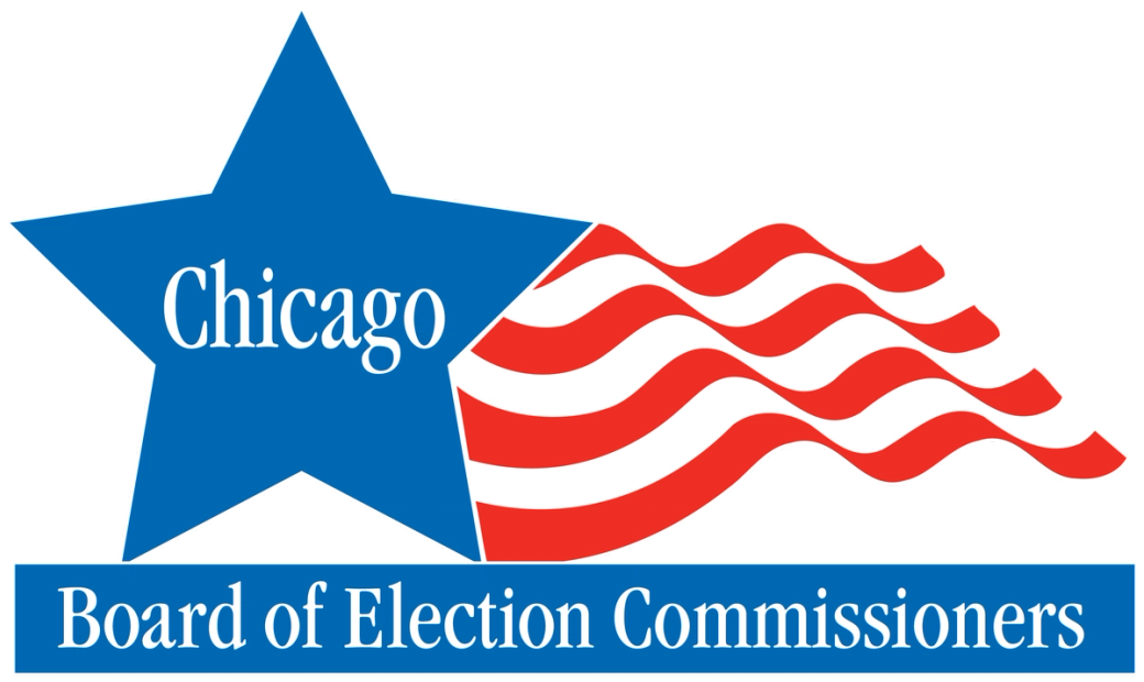 A blue star with "Chicago" overlays a red and white wavy flag. Below, a blue rectangle reads "Board of Election Commissioners" in white.