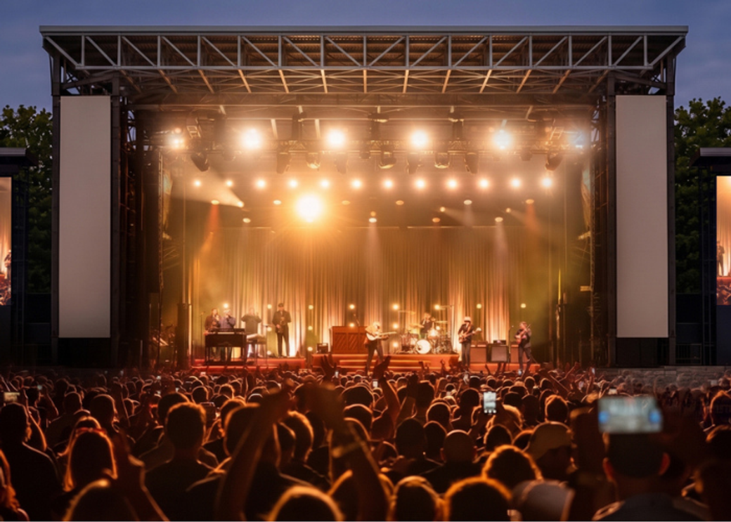 A band playing on an outdoor stage in front of an audience.