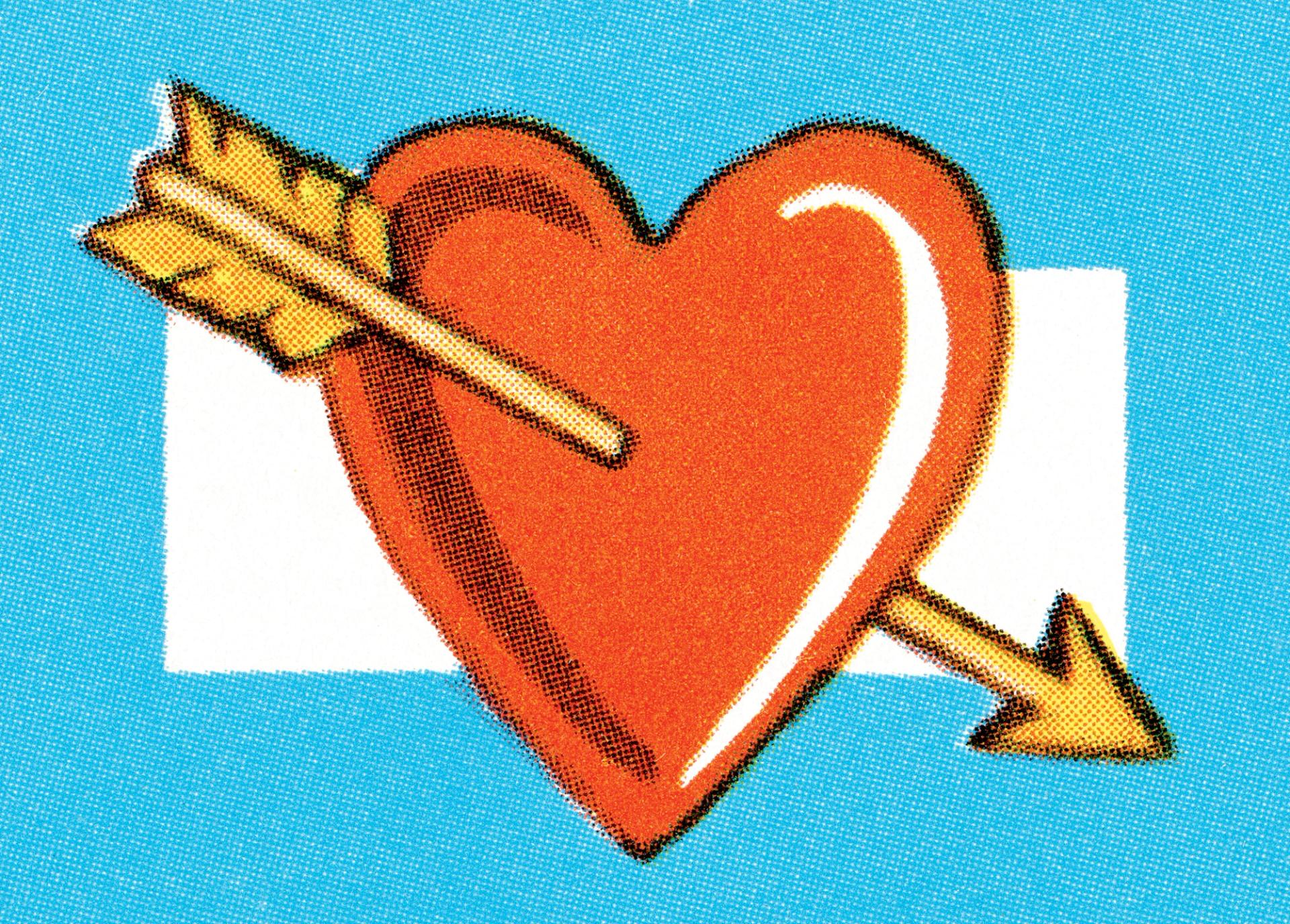 A red heart cartoon with a yellow arrow through it on a yellow background.