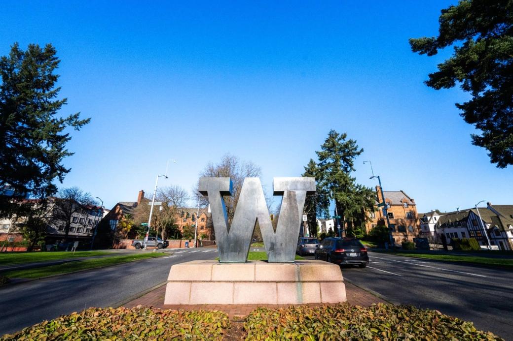 A large metal statue of the UW’s W greets drivers entering UW’s campus