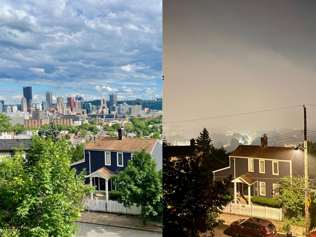 two photos, one of city skyline during the day, another of fireworks smoke blanketing the city