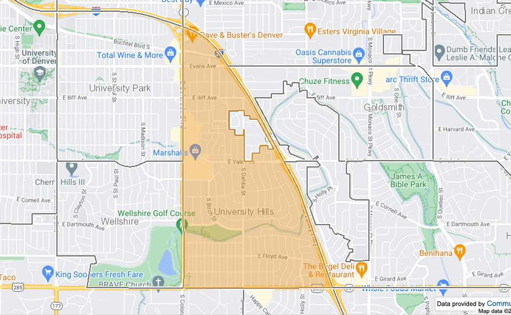 A snapshot of University Hills neighborhood boundaries according to Denver Maps