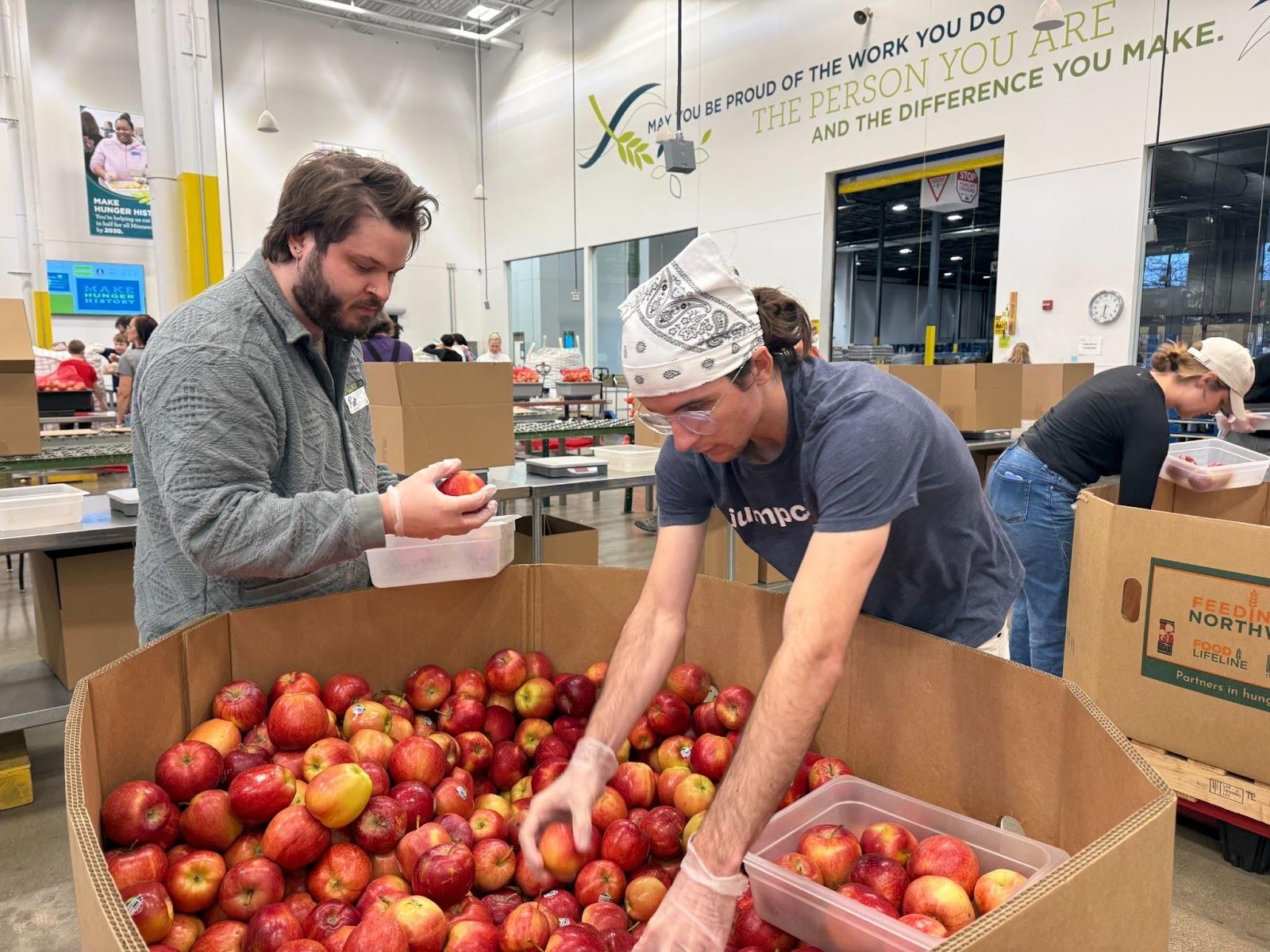 Two men gathered around a large cardboard box of apples. They are filling their plastic tubs. The man on the right has long hair