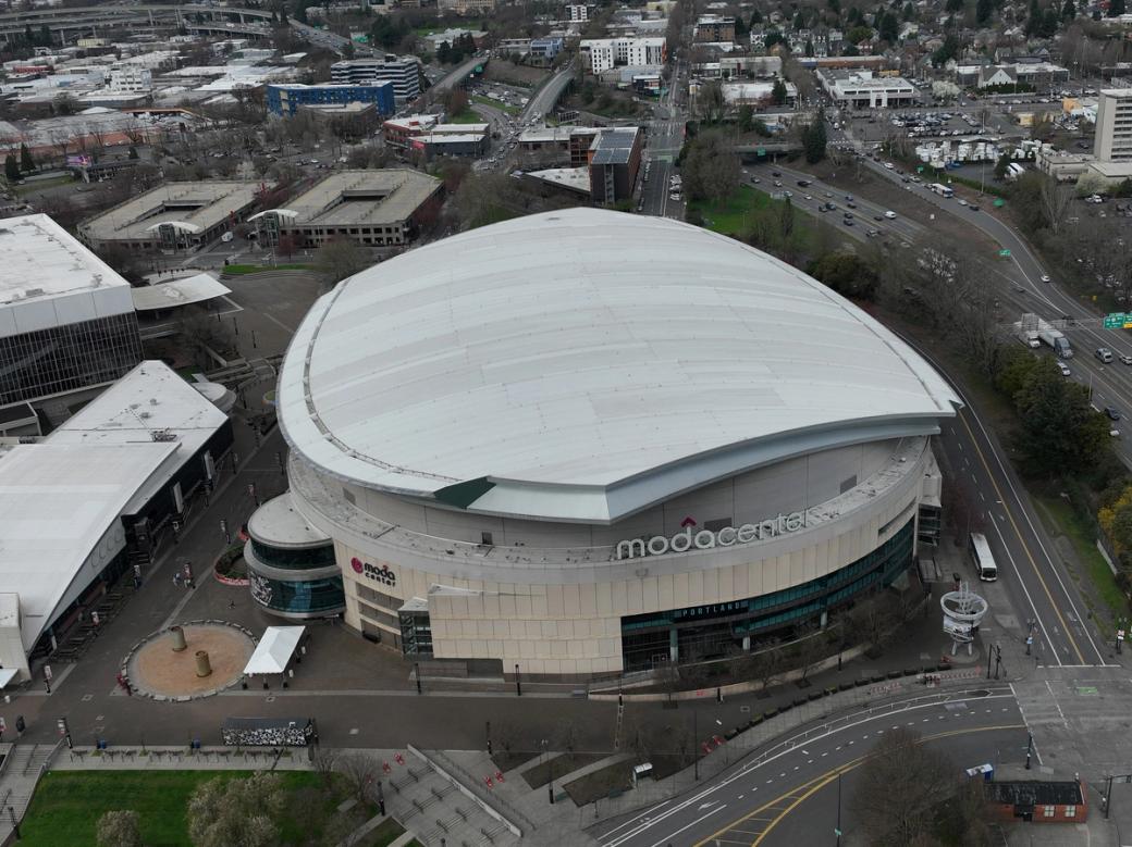 An aerial view of the Moda Center, home of the Portland Trail Blazers and Portland Fire.
