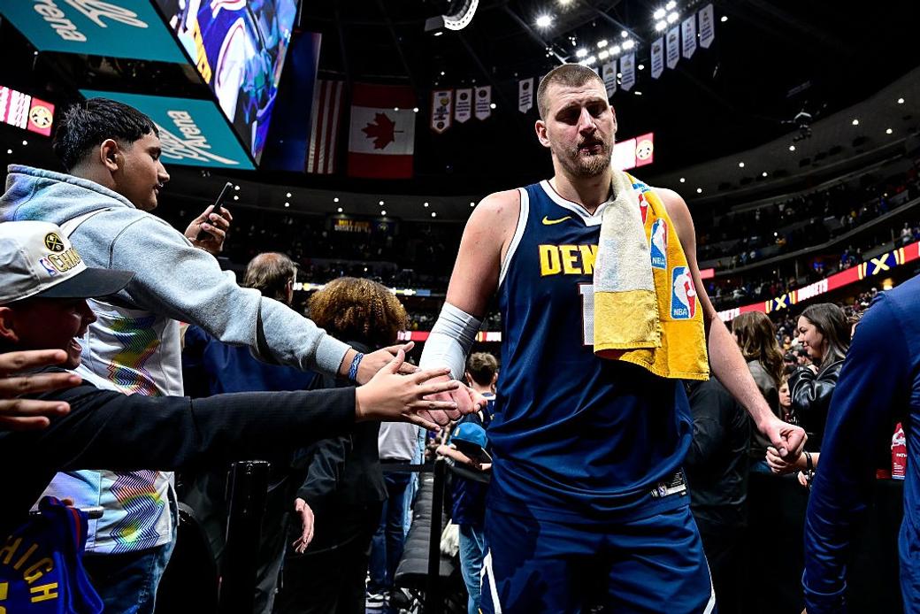 Nikola Jokić walks off the court at Ball Arena, March 27, 2026.  