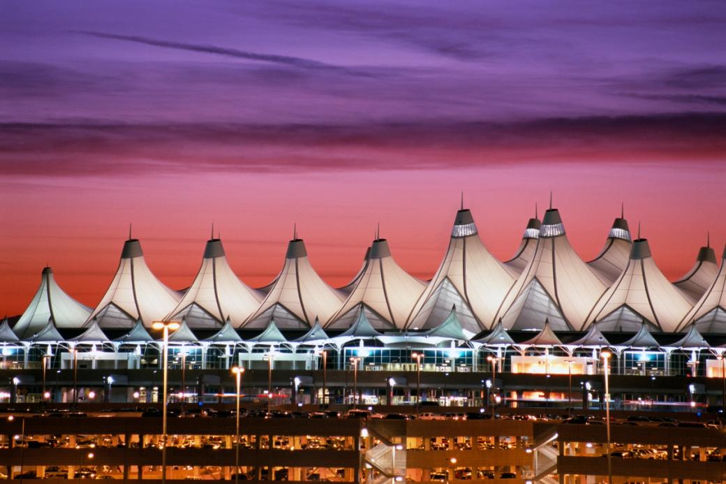 Denver International Airport at sunset