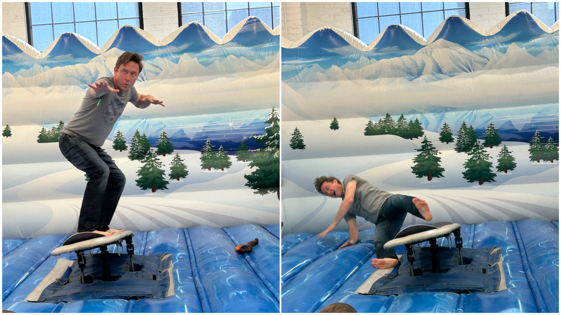 Mayor Mike Johnston attempts the snowboard simulator at HEYDAY