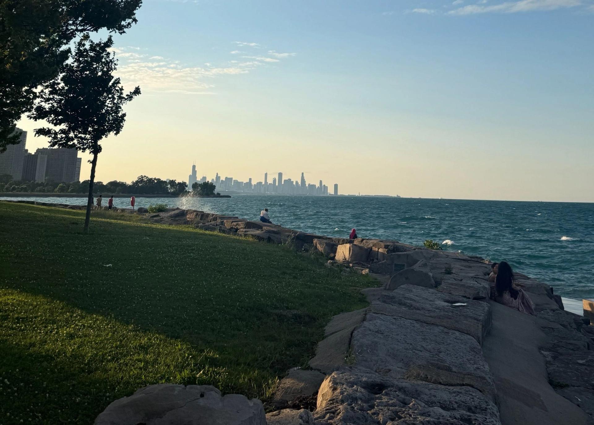 A landscape shot of a chicago park by the lake. The Chicago skyline is visible far in the back