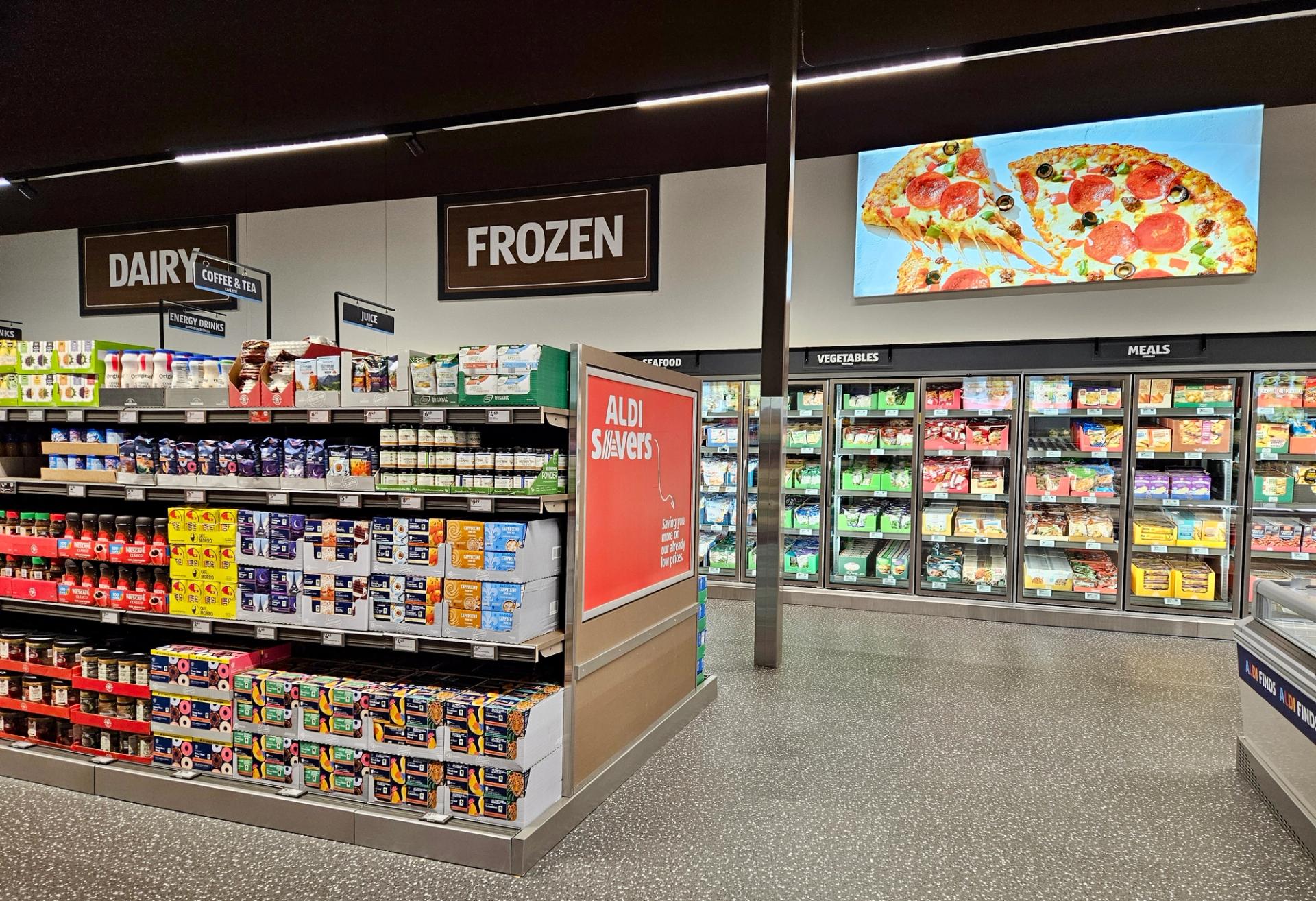 Food on shelves inside an ALDI supermarket.