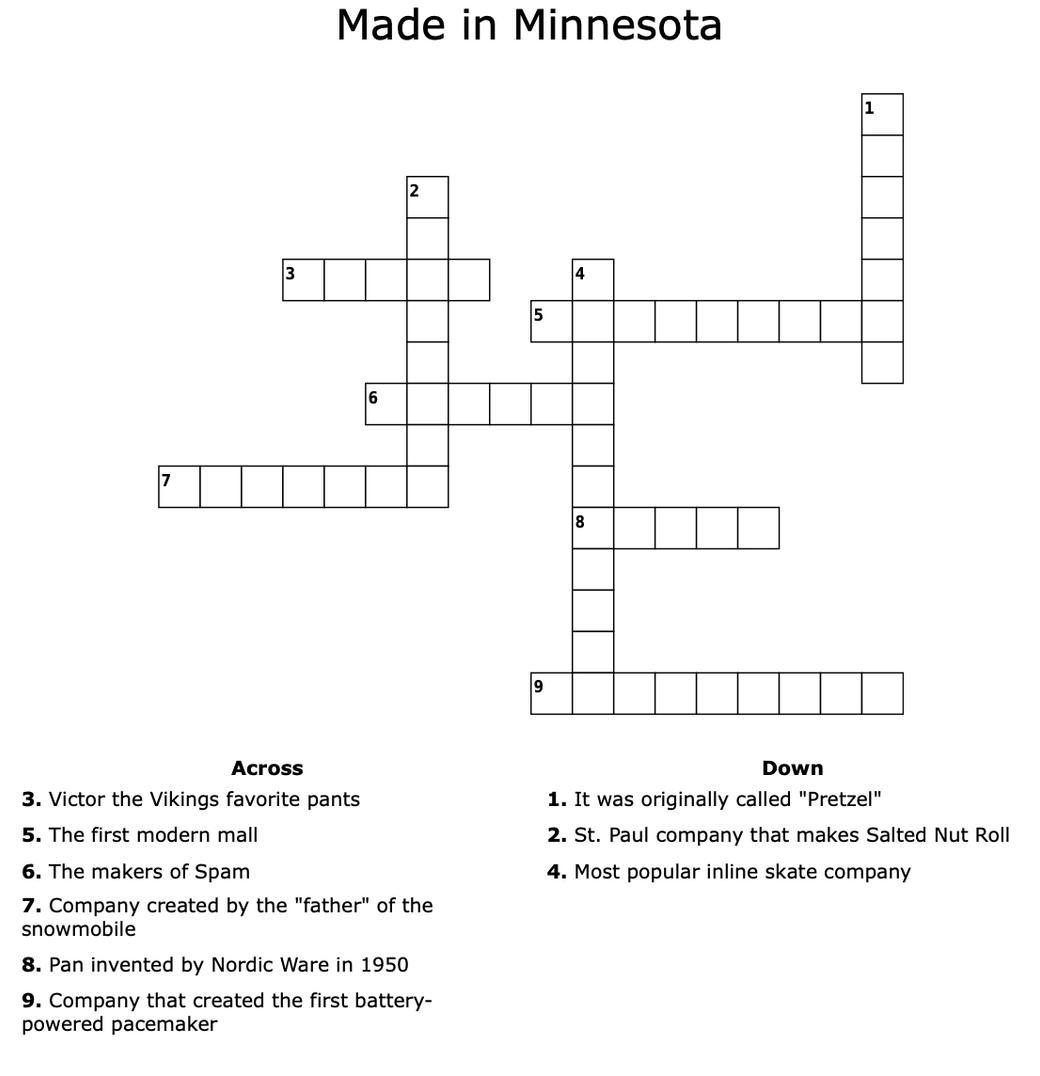 Empty crossword with clues and title, "Made in Minnesota"