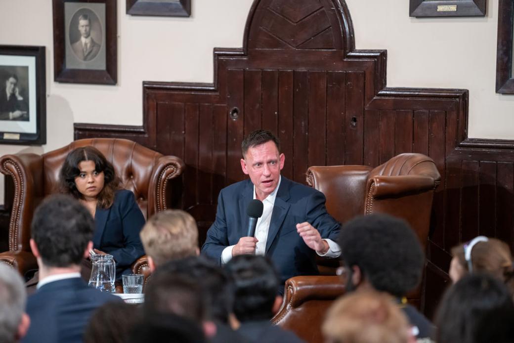 PayPal co-founder Peter Thiel pictured speaking to an audience