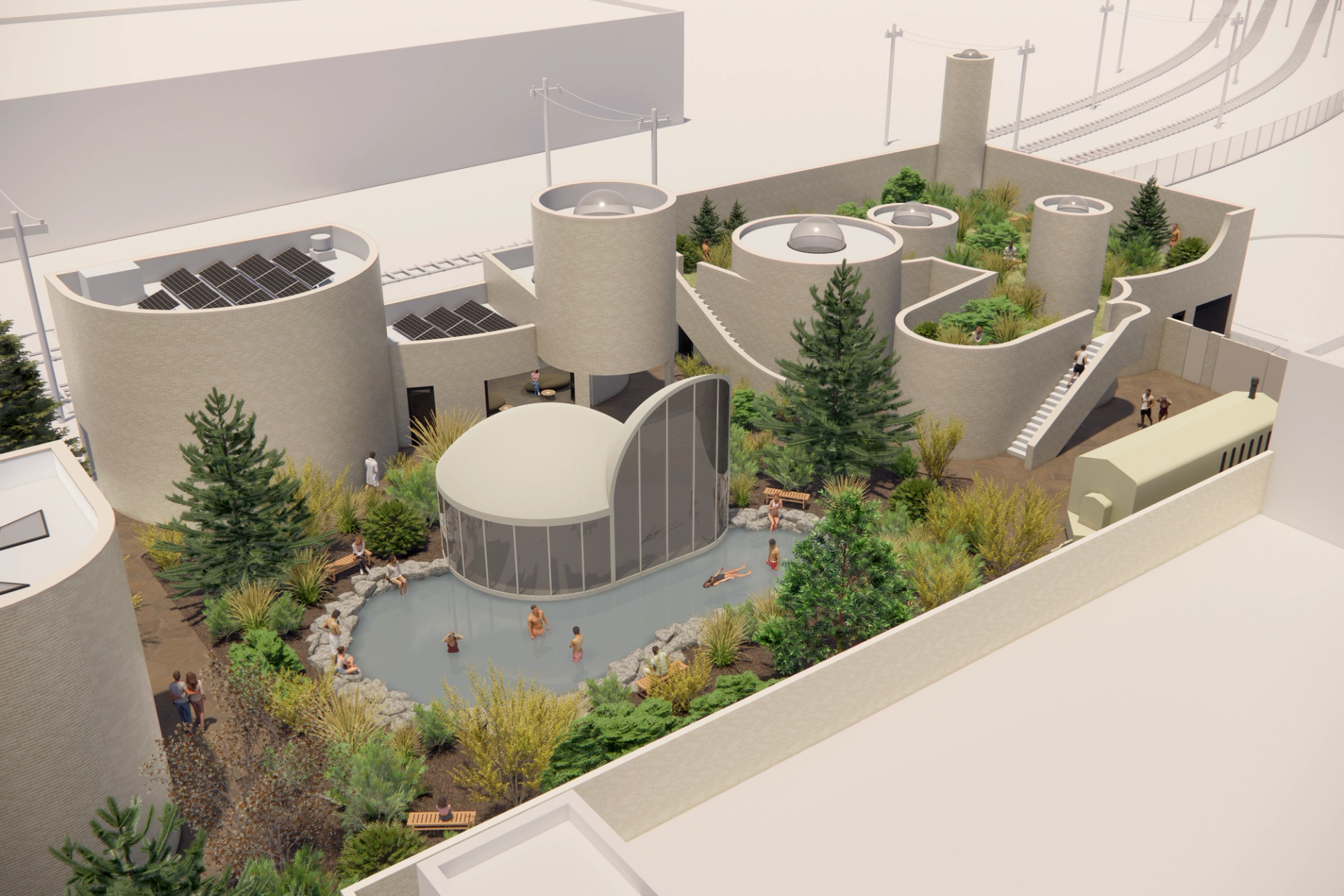 At Coba Bathhouse, a solarium, thermal pool, and multi-level garden will offer visitors year-round exterior access.