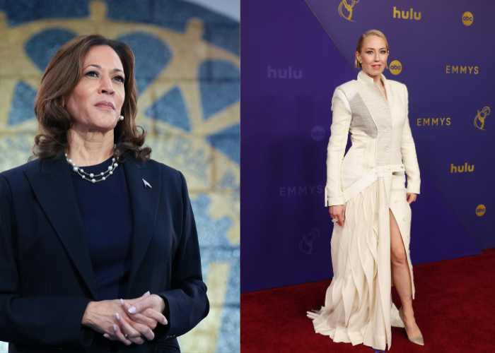 A woman in a black suit and a woman in a cream gown.