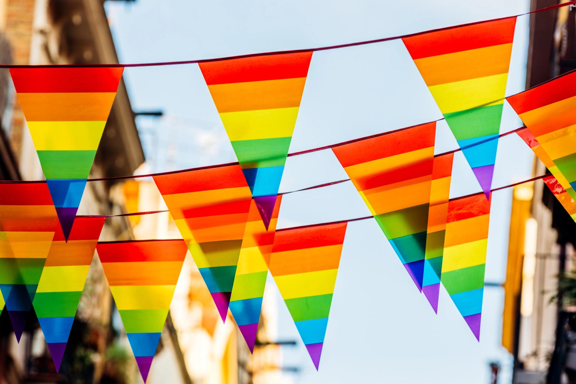 Triangular Pride flags hang from strings.