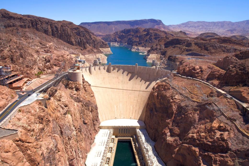 Hoover Dam with low water levels.