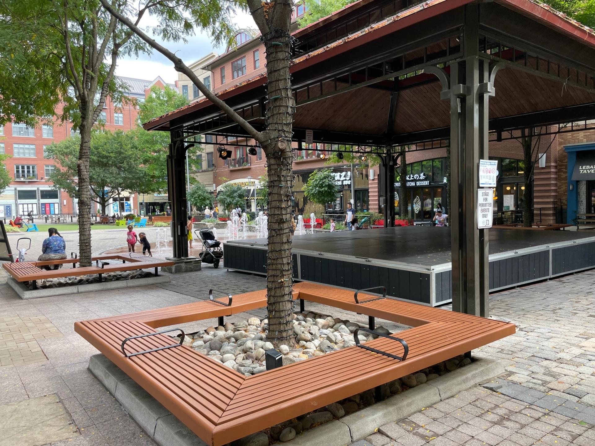 A temporary stage set up in Rockville town center.