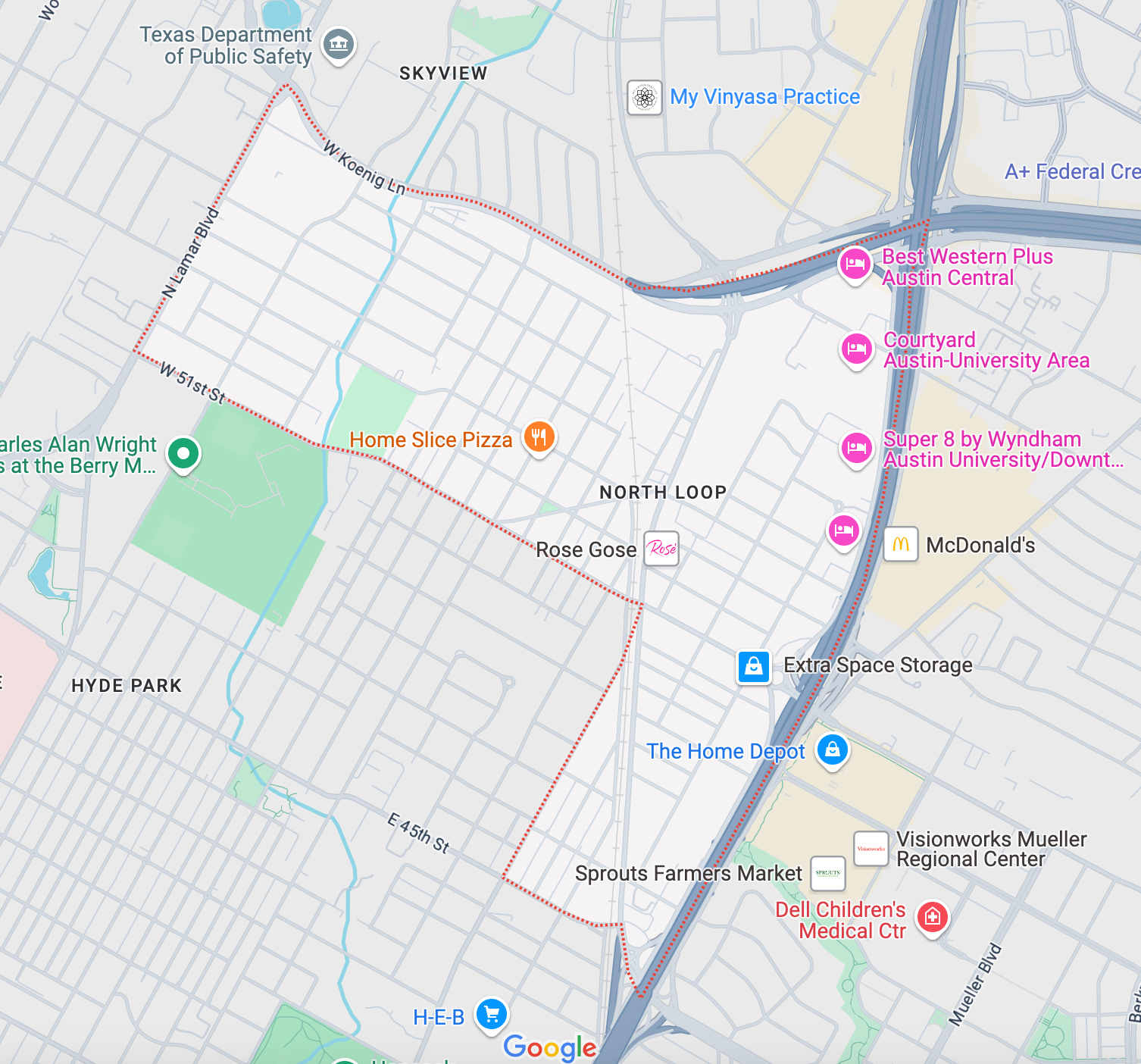 A map of the North Loop neighborhood, at Koenig Lane and Interstate 35.