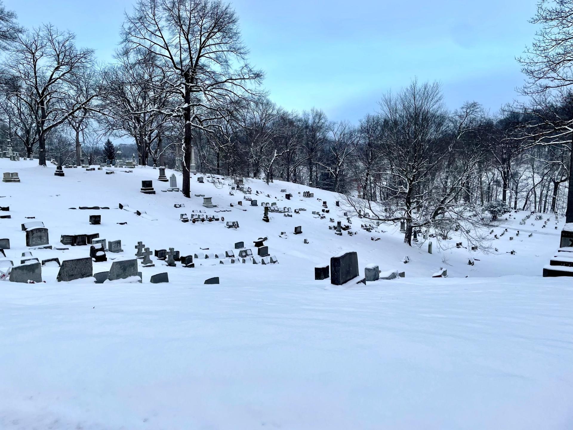 a cemetery covered in snow