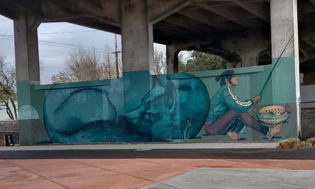 Image of dog curled up behind a modern dressed BiPoc person with a fish in the basket.