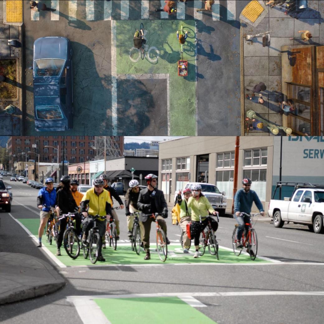 Top: A bird's-eye view of an animated green bike lane with people and cars. Bottom: A group of people on bikes waiting in a large green bike lane.