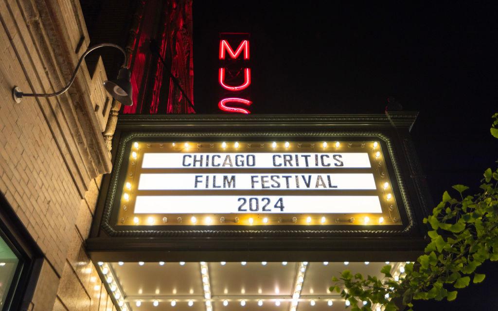 Nighttime photo of the marquee at Music Box Theatre.