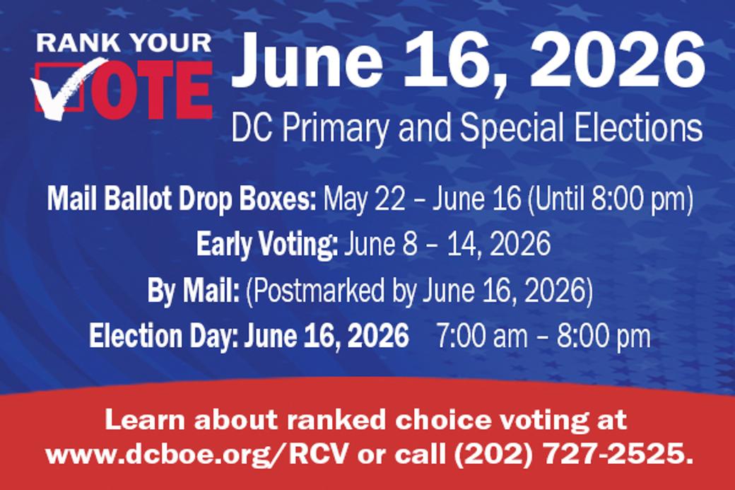 Display ad for Rank Your Vote; DC Primary Election June 16