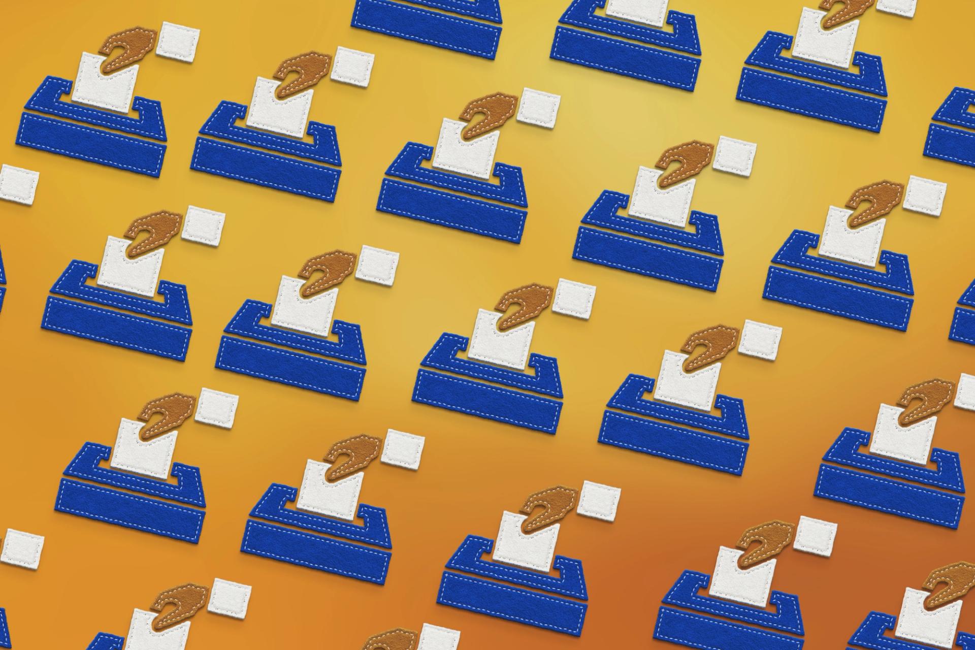 A stock photo of felt hands dropping ballots into ballot boxes against a yellow background.