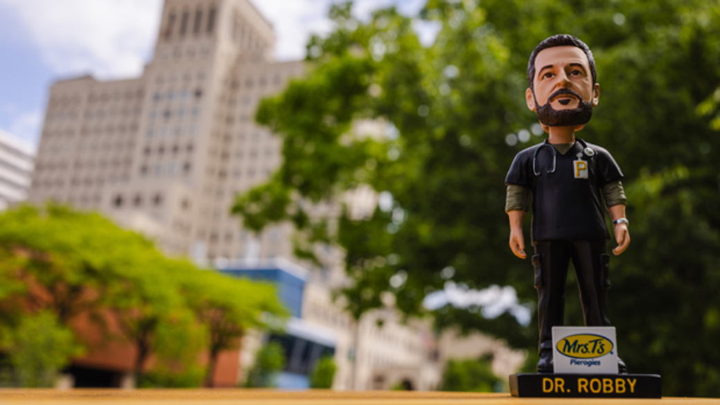Dr. Robby bobblehead outside of Allegheny General Hospital.