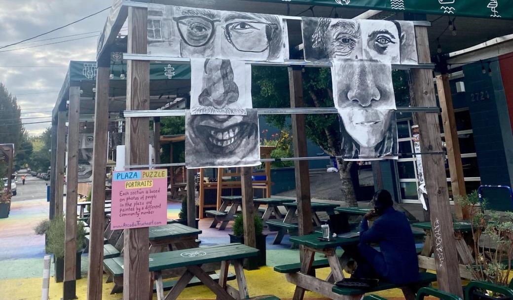 Two portraits that show a different person’s eye for each side and a different person’s nose and mouth.