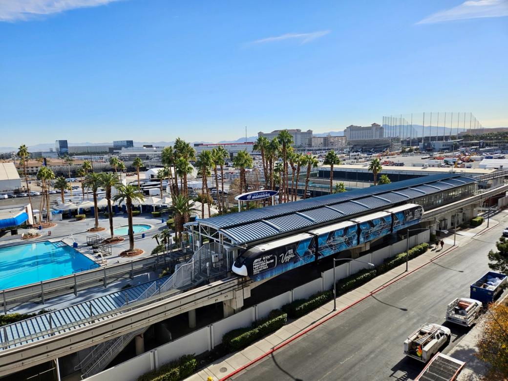 The Las Vegas Monorail parked at a station. 