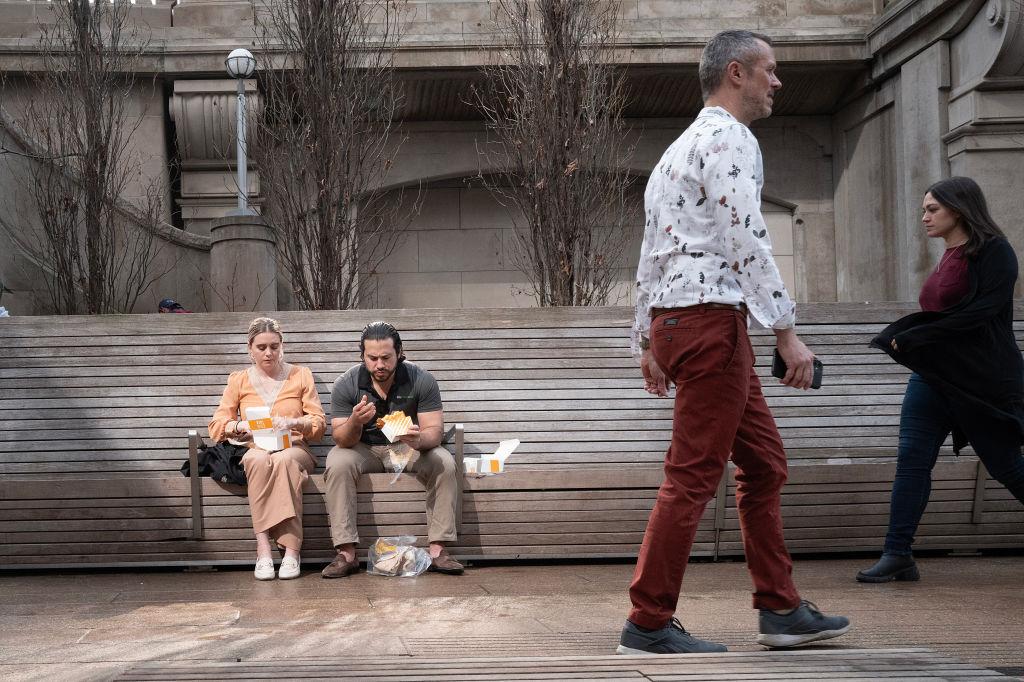 People eat lunch along the Chicago Riverwalk last week
