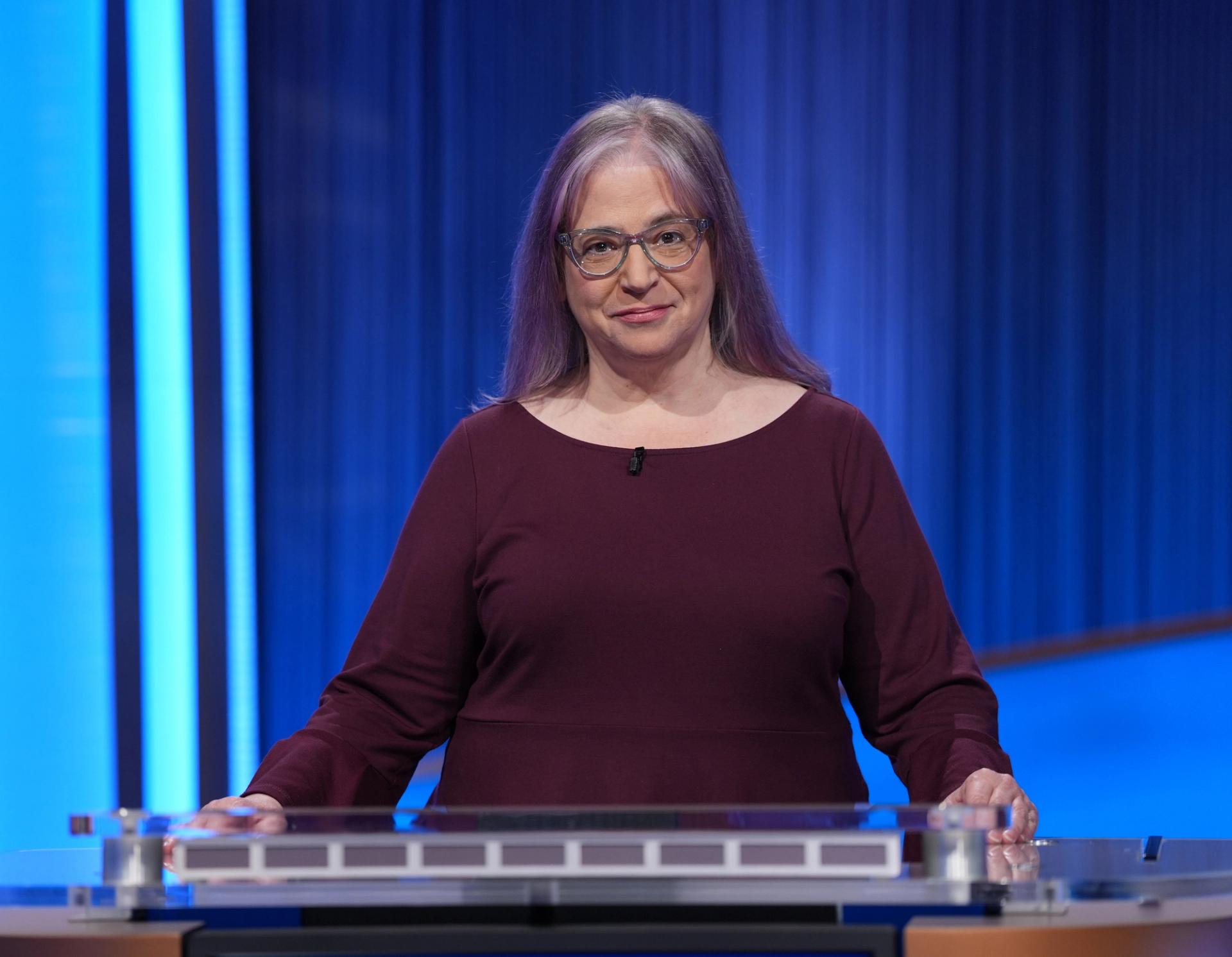 Celeste DiNucci pictured on the Jeopardy stage.