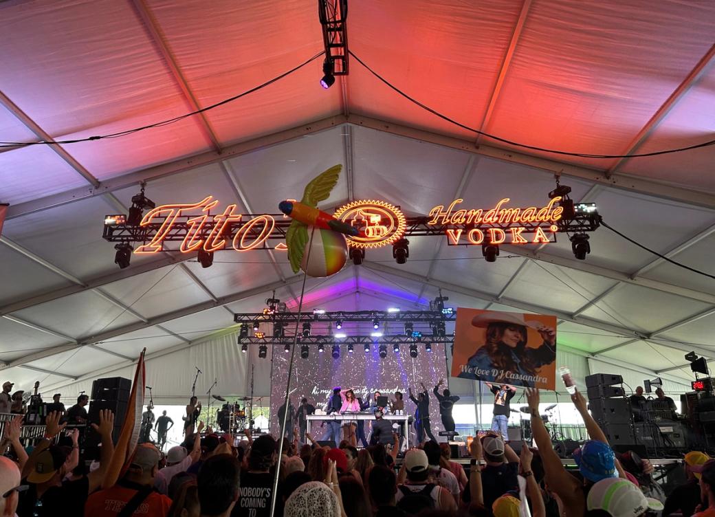 A woman performs a DJ set in front of a silver sequined backdrop.